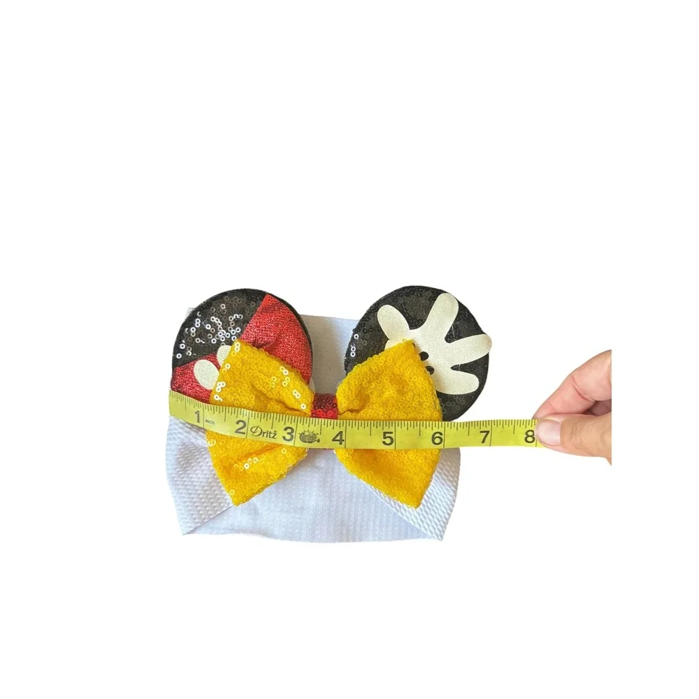 Baby Mickey Inspired Head Wrap Bow White Nylon Headband Yellow Sequin Ears